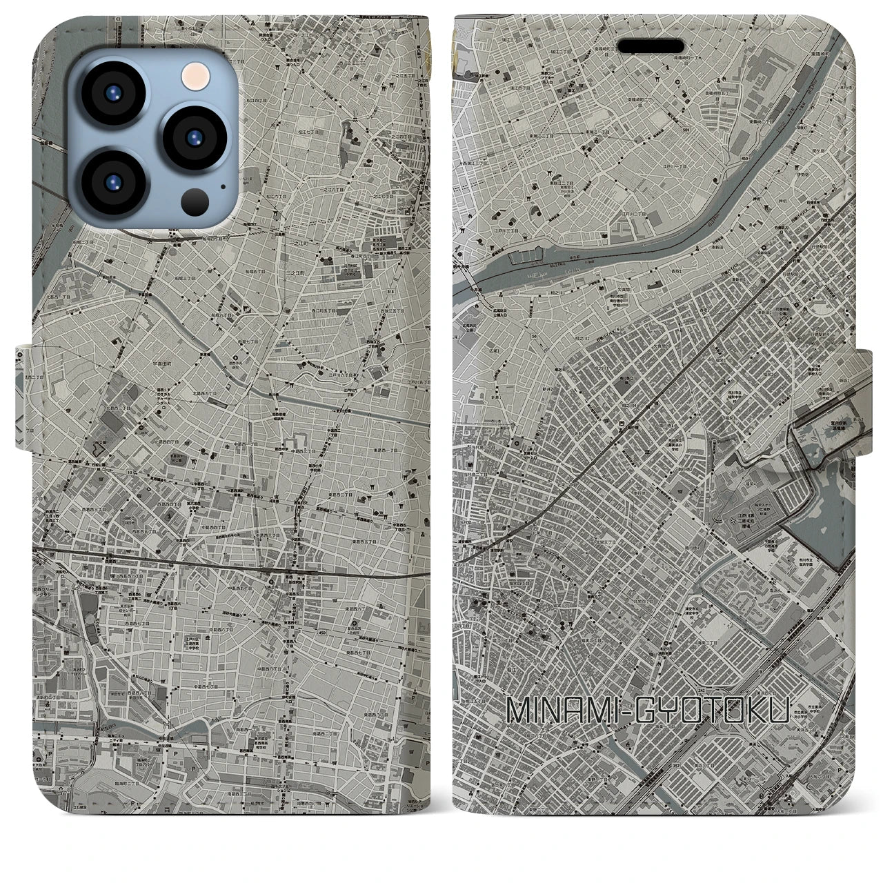 【南行徳】地図柄iPhoneケース（手帳両面タイプ・モノトーン）iPhone 13 Pro Max 用