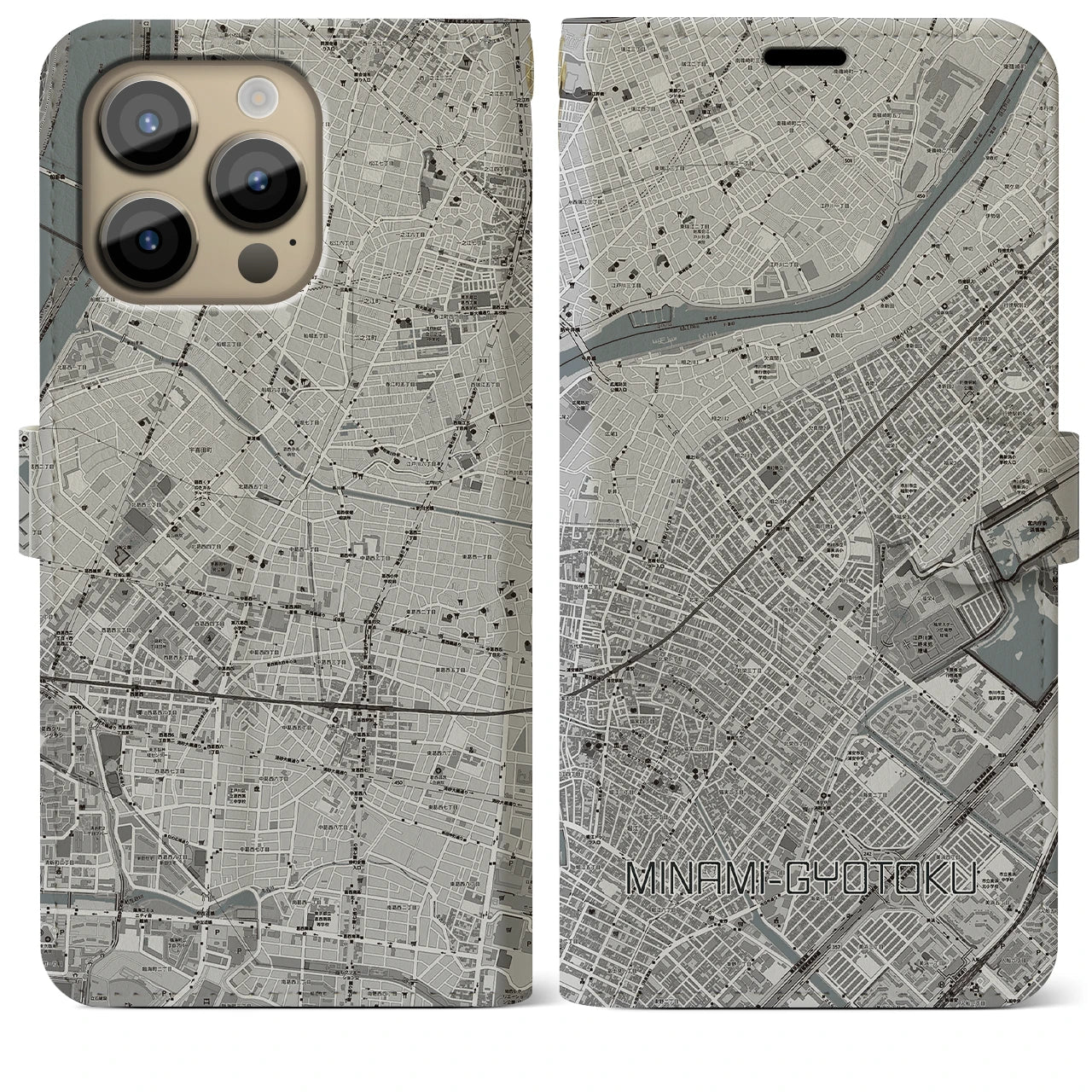 【南行徳】地図柄iPhoneケース（手帳両面タイプ・モノトーン）iPhone 14 Pro Max 用