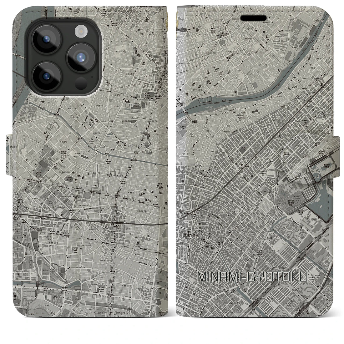 【南行徳】地図柄iPhoneケース（手帳両面タイプ・モノトーン）iPhone 15 Pro Max 用