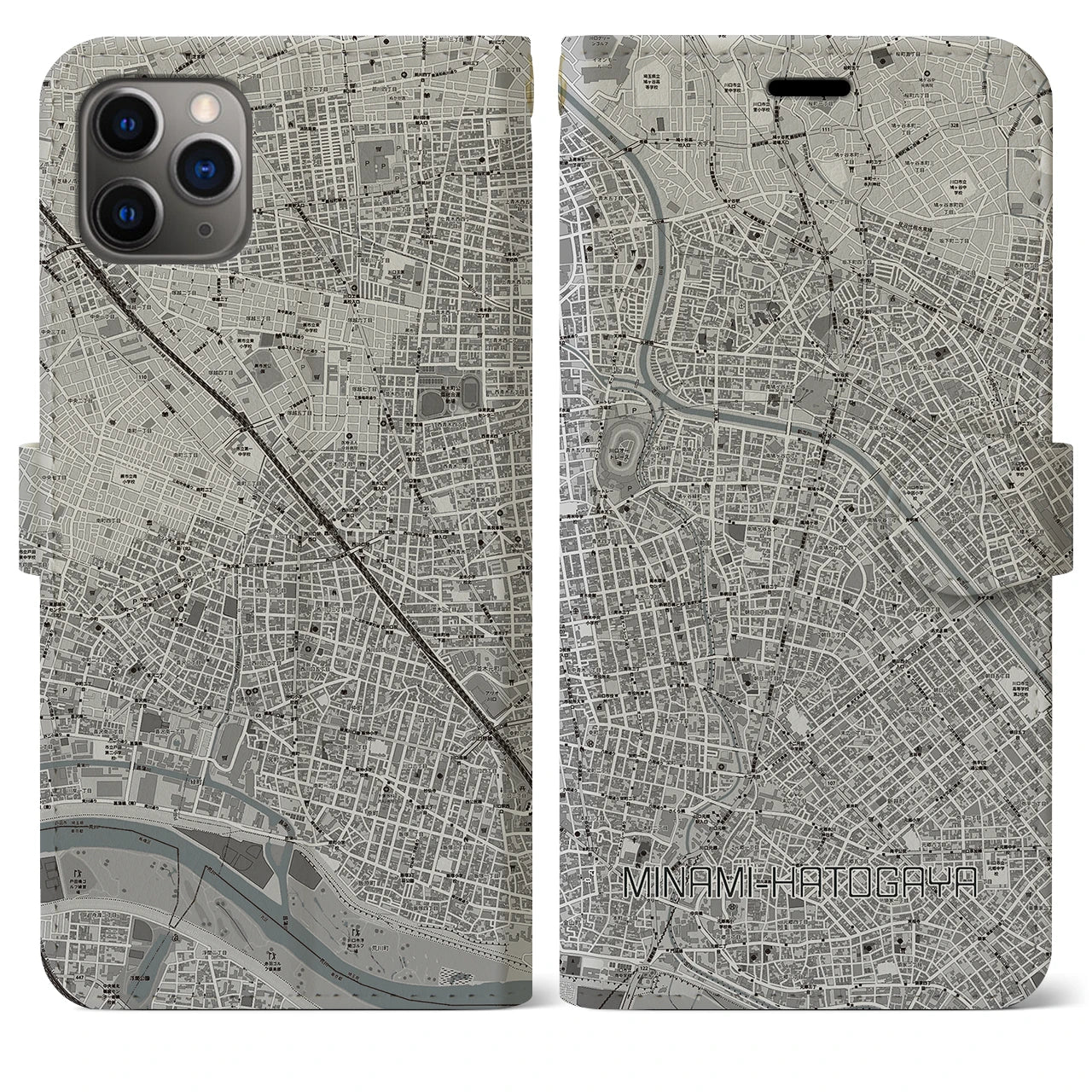 【南鳩ヶ谷】地図柄iPhoneケース（手帳両面タイプ・モノトーン）iPhone 11 Pro Max 用