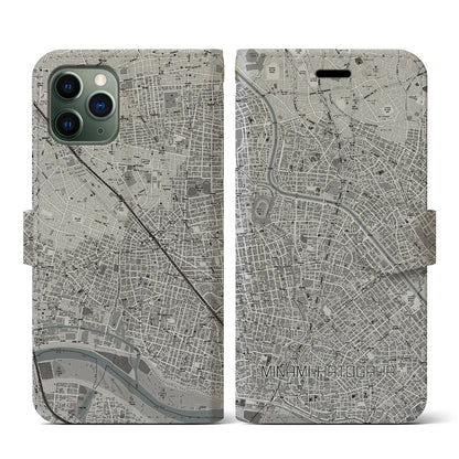 【南鳩ヶ谷（埼玉県）】地図柄iPhoneケース（手帳タイプ）モノトーン・iPhone 11 Pro 用