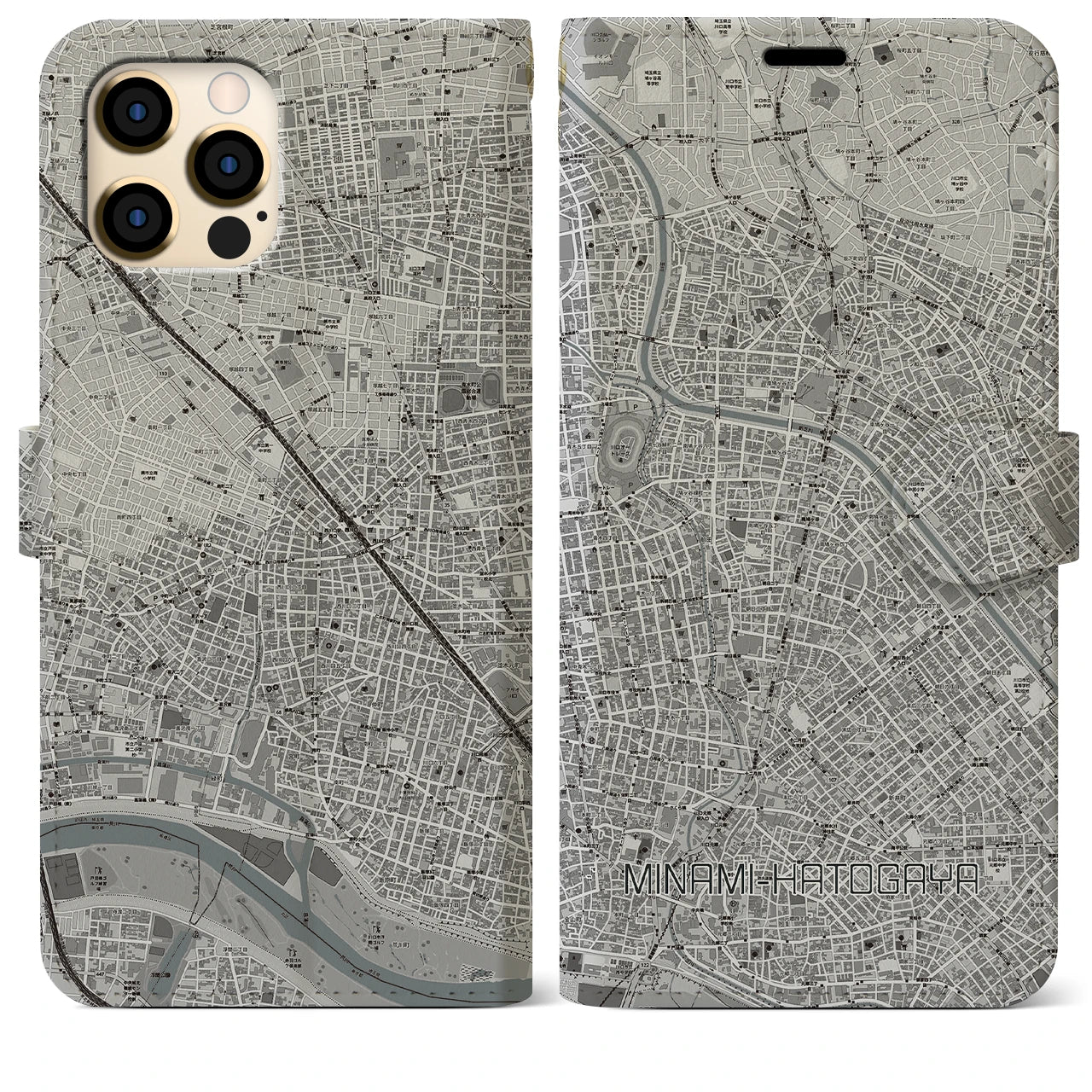 【南鳩ヶ谷】地図柄iPhoneケース（手帳両面タイプ・モノトーン）iPhone 12 Pro Max 用