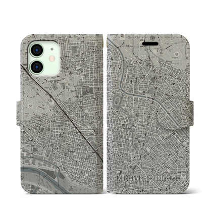 【南鳩ヶ谷（埼玉県）】地図柄iPhoneケース（手帳タイプ）モノトーン・iPhone 12 mini 用