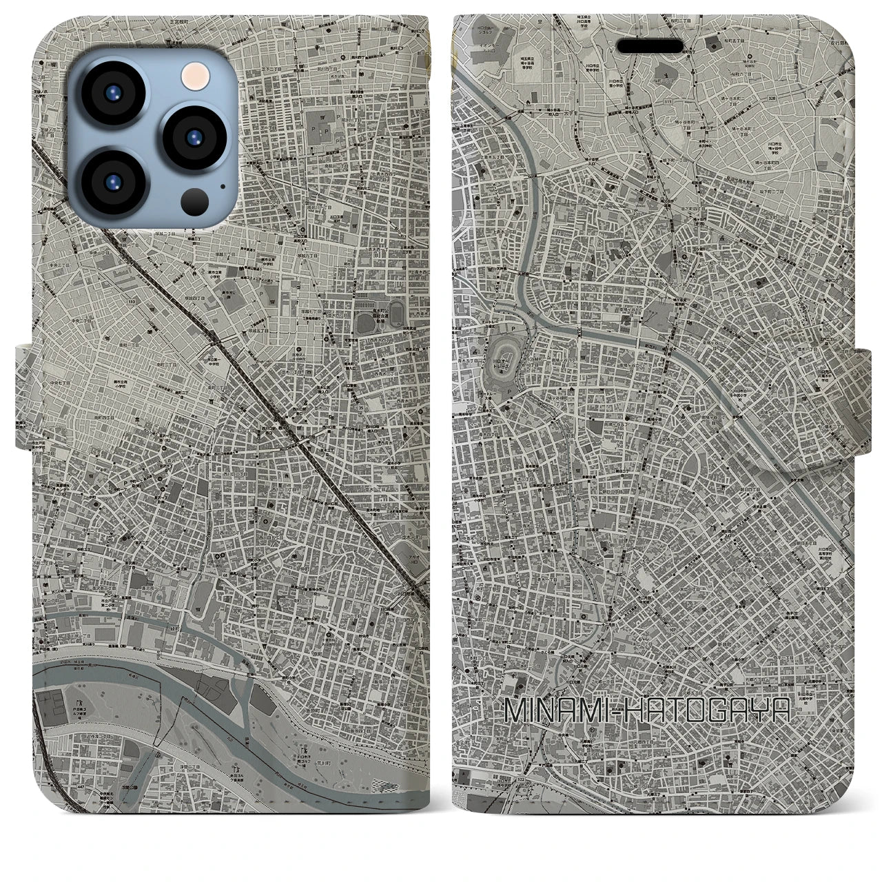 【南鳩ヶ谷】地図柄iPhoneケース（手帳両面タイプ・モノトーン）iPhone 13 Pro Max 用