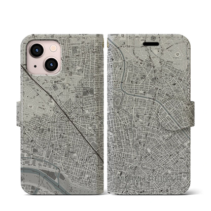 【南鳩ヶ谷（埼玉県）】地図柄iPhoneケース（手帳タイプ）モノトーン・iPhone 13 mini 用