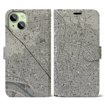 【南鳩ヶ谷（埼玉県）】地図柄iPhoneケース（手帳タイプ）モノトーン・iPhone 15 用