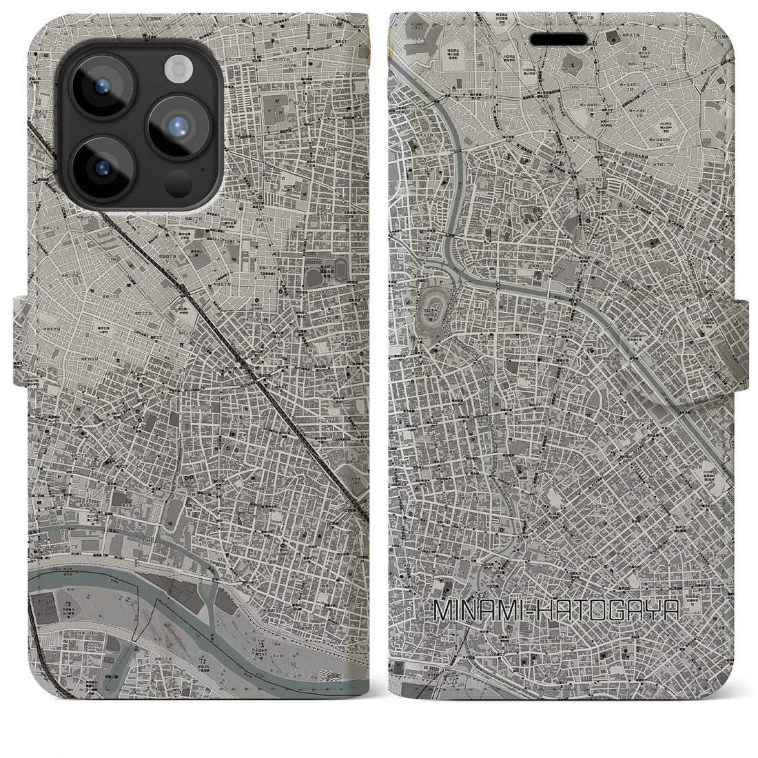 【南鳩ヶ谷】地図柄iPhoneケース（手帳両面タイプ・モノトーン）iPhone 15 Pro Max 用