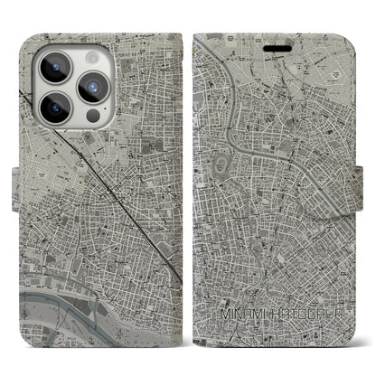 【南鳩ヶ谷（埼玉県）】地図柄iPhoneケース（手帳タイプ）モノトーン・iPhone 15 Pro 用