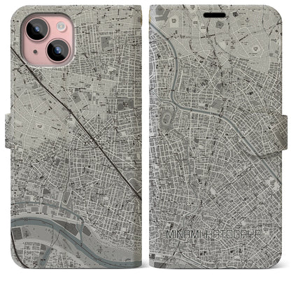 【南鳩ヶ谷（埼玉県）】地図柄iPhoneケース（手帳タイプ）モノトーン・iPhone 15 Plus 用