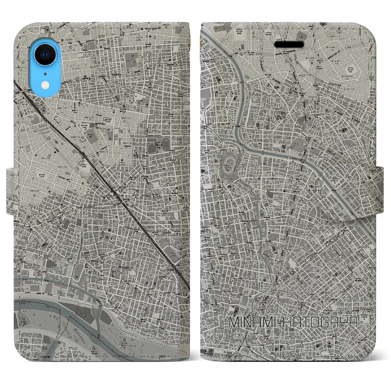 【南鳩ヶ谷】地図柄iPhoneケース（手帳両面タイプ・モノトーン）iPhone XR 用