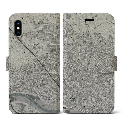 【南鳩ヶ谷（埼玉県）】地図柄iPhoneケース（手帳タイプ）モノトーン・iPhone XS / X 用