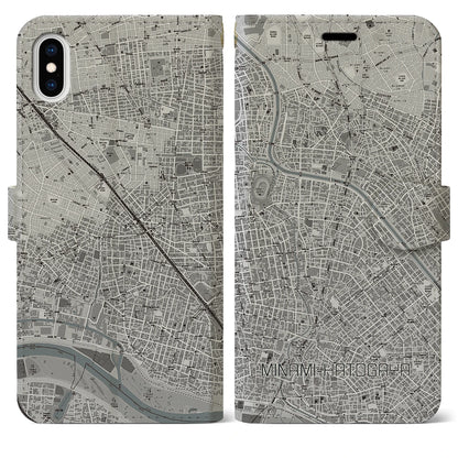 【南鳩ヶ谷（埼玉県）】地図柄iPhoneケース（手帳タイプ）モノトーン・iPhone XS Max 用