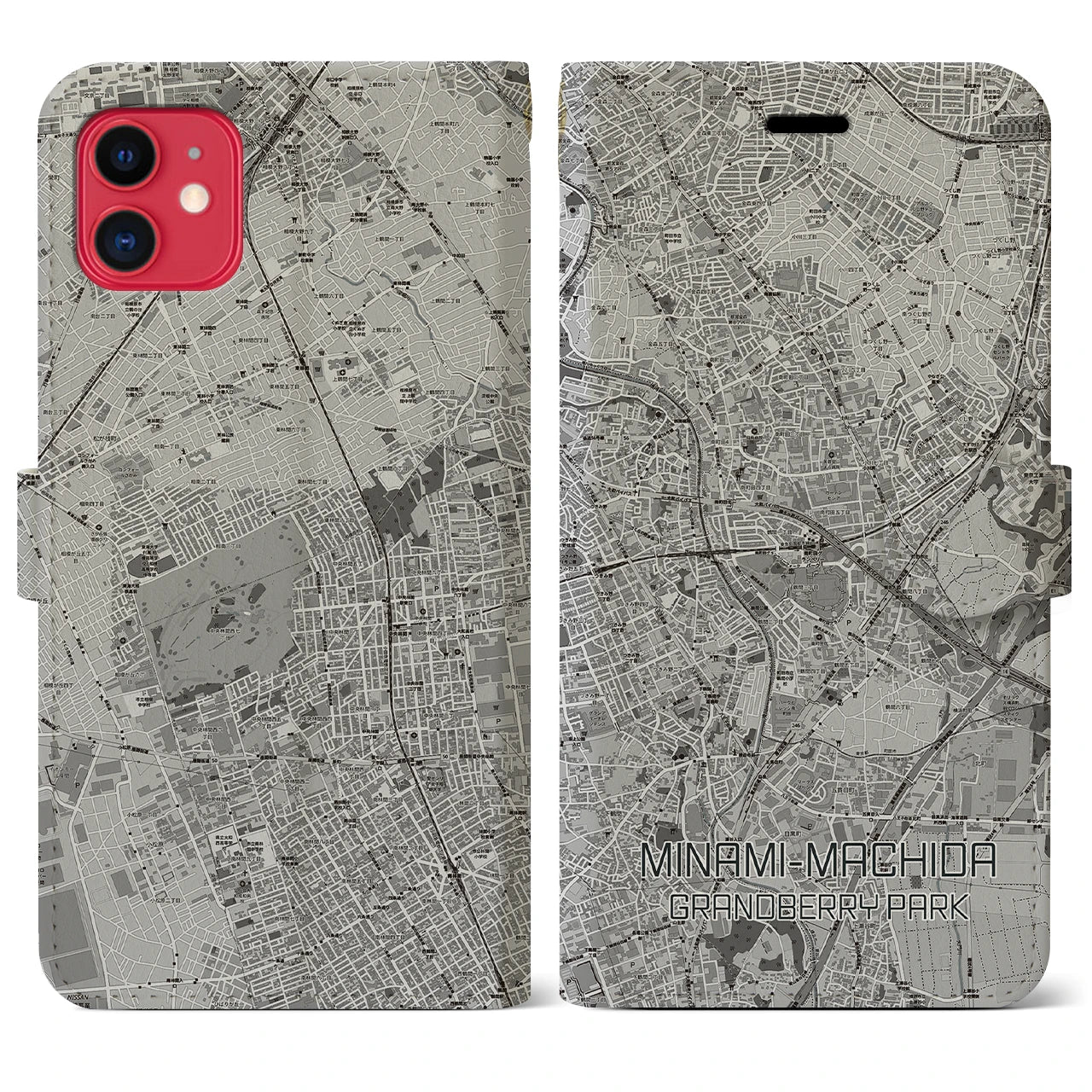 【南町田グランベリーパーク】地図柄iPhoneケース（手帳両面タイプ・モノトーン）iPhone 11 用