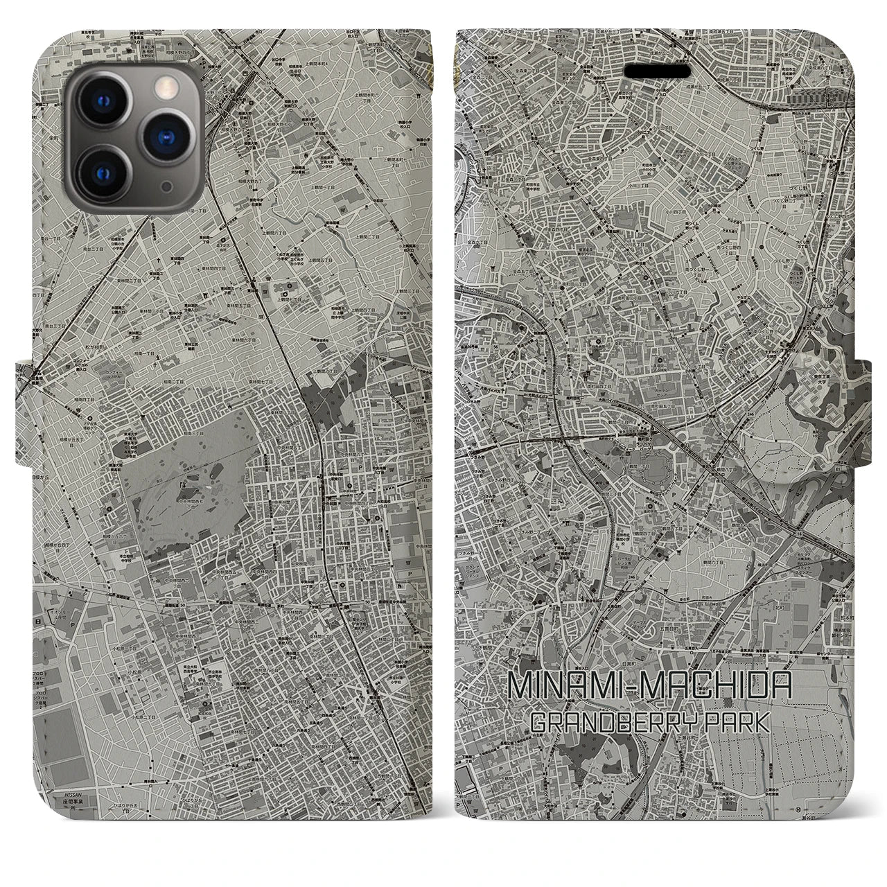 【南町田グランベリーパーク】地図柄iPhoneケース（手帳両面タイプ・モノトーン）iPhone 11 Pro Max 用