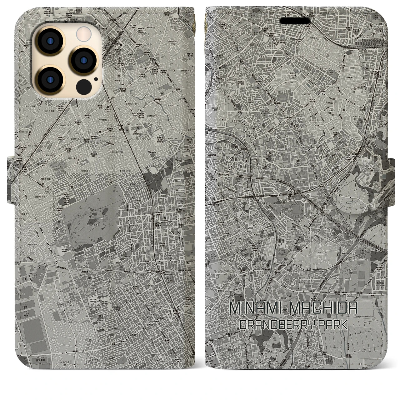 【南町田グランベリーパーク】地図柄iPhoneケース（手帳両面タイプ・モノトーン）iPhone 12 Pro Max 用