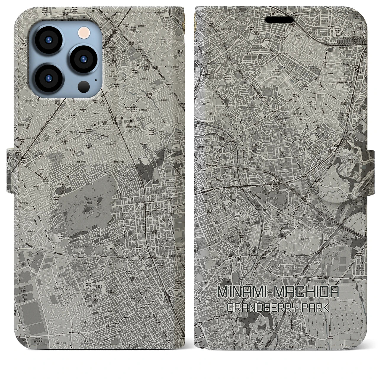 【南町田グランベリーパーク】地図柄iPhoneケース（手帳両面タイプ・モノトーン）iPhone 13 Pro Max 用