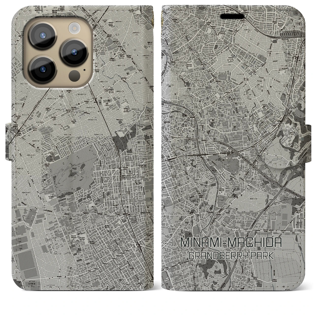 【南町田グランベリーパーク】地図柄iPhoneケース（手帳両面タイプ・モノトーン）iPhone 14 Pro Max 用