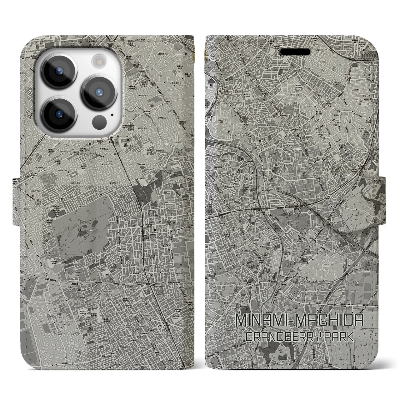 【南町田グランベリーパーク】地図柄iPhoneケース（手帳両面タイプ・モノトーン）iPhone 14 Pro 用
