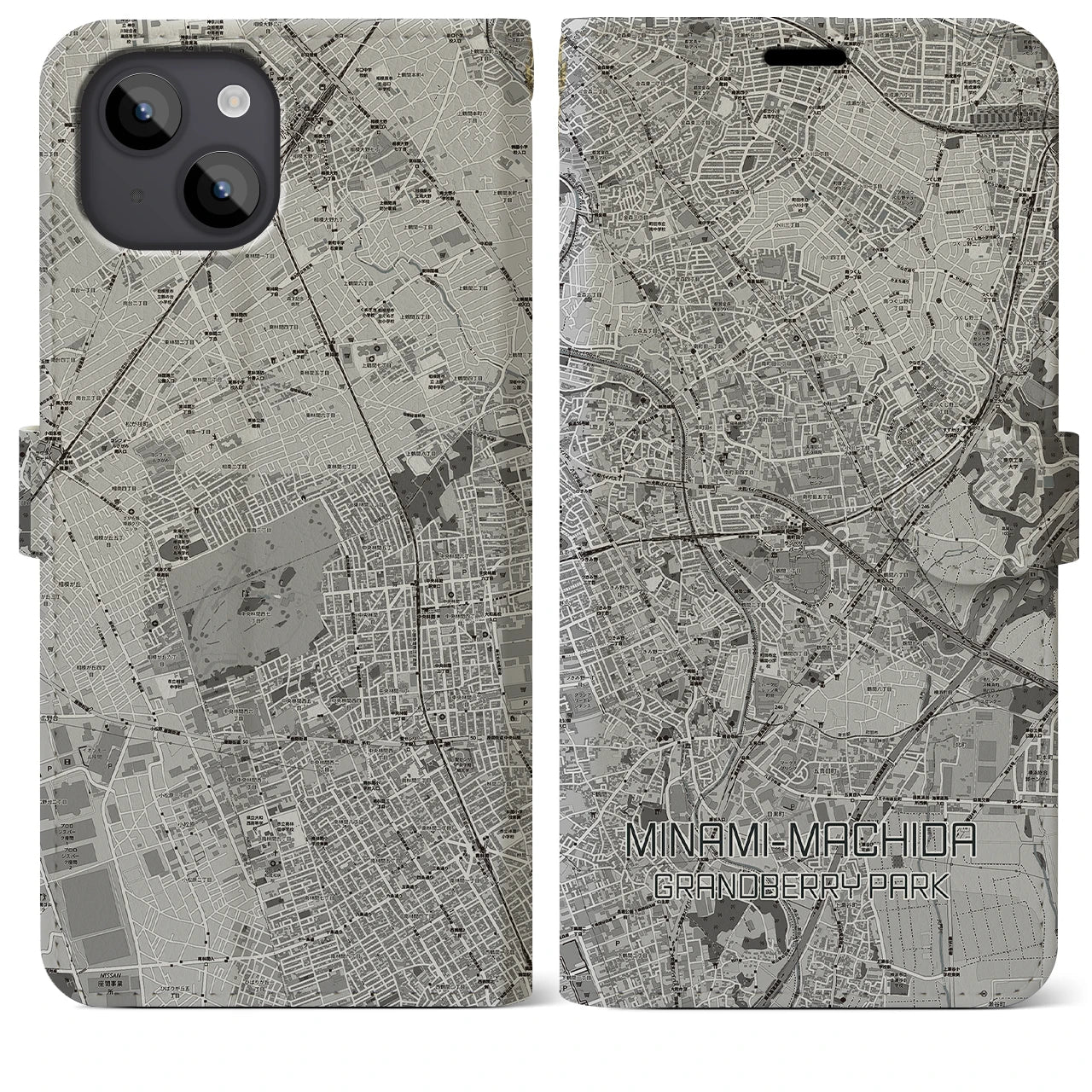 【南町田グランベリーパーク】地図柄iPhoneケース（手帳両面タイプ・モノトーン）iPhone 14 Plus 用
