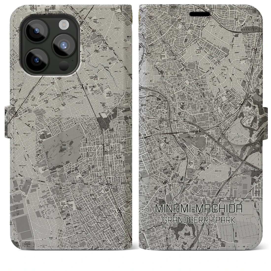 【南町田グランベリーパーク】地図柄iPhoneケース（手帳両面タイプ・モノトーン）iPhone 15 Pro Max 用
