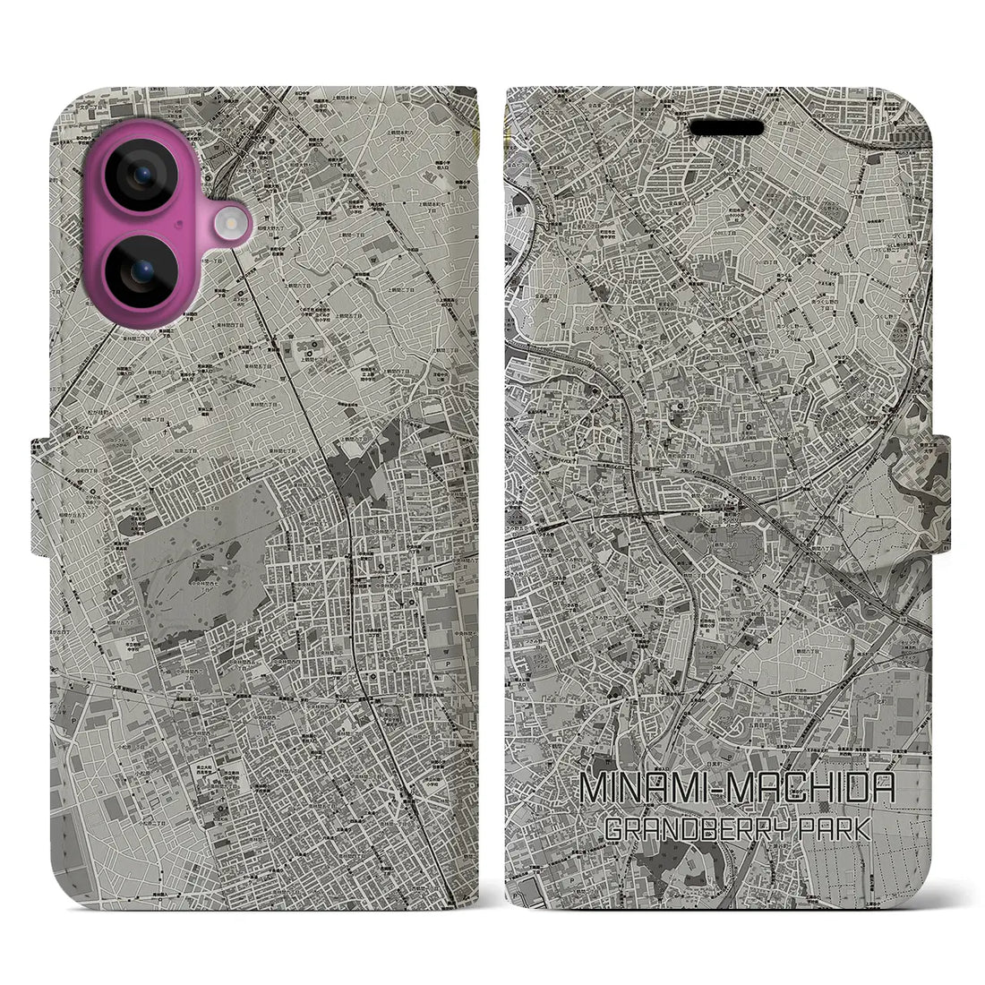 【南町田グランベリーパーク（東京都）】地図柄iPhoneケース（手帳タイプ）モノトーン・iPhone 16 Pro 用