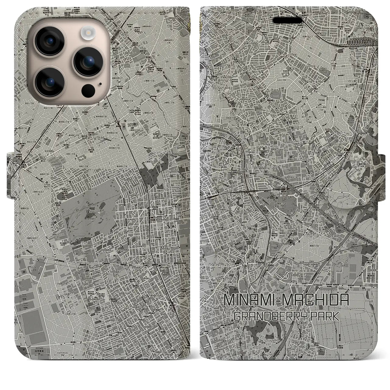 【南町田グランベリーパーク（東京都）】地図柄iPhoneケース（手帳タイプ）モノトーン・iPhone 16 Plus 用