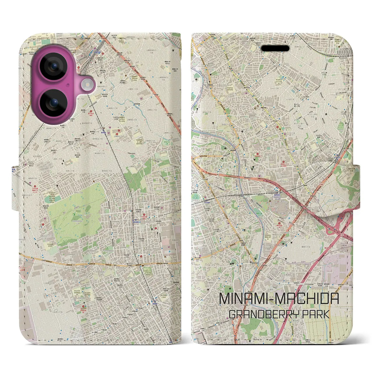 【南町田グランベリーパーク（東京都）】地図柄iPhoneケース（手帳タイプ）ナチュラル・iPhone 16 Pro 用