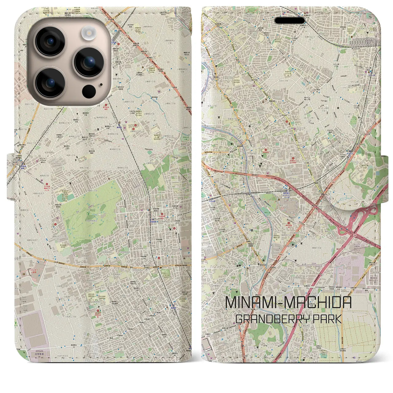 【南町田グランベリーパーク（東京都）】地図柄iPhoneケース（手帳タイプ）ナチュラル・iPhone 16 Plus 用