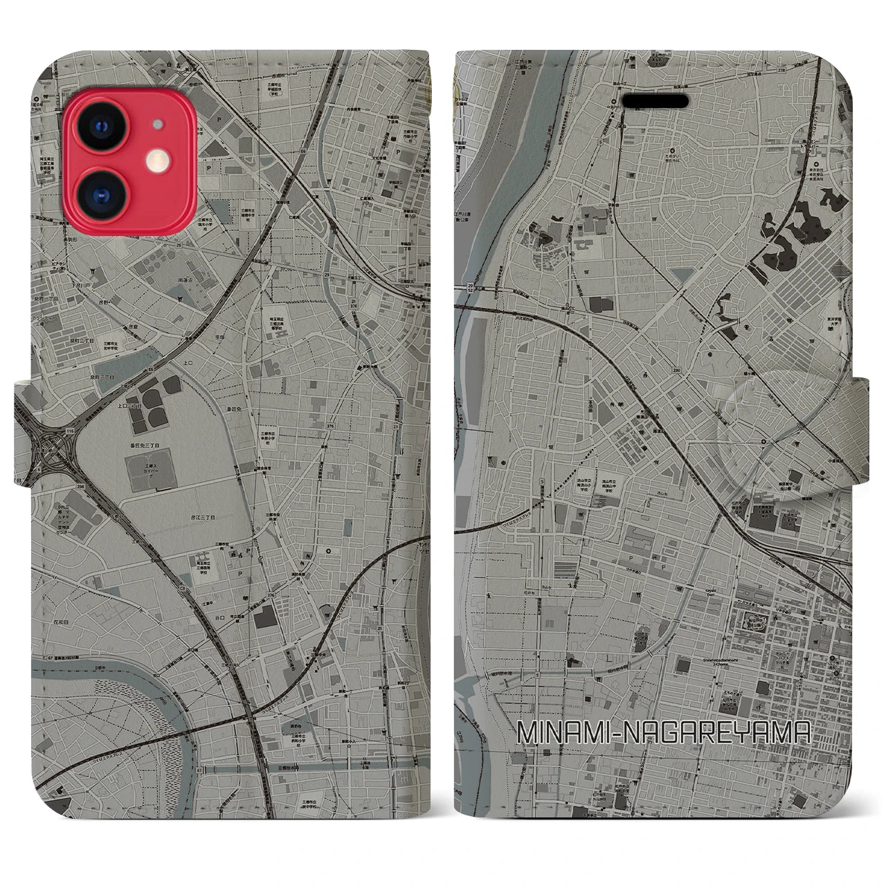 【南流山（千葉県）】地図柄iPhoneケース（手帳タイプ）モノトーン・iPhone 11 用