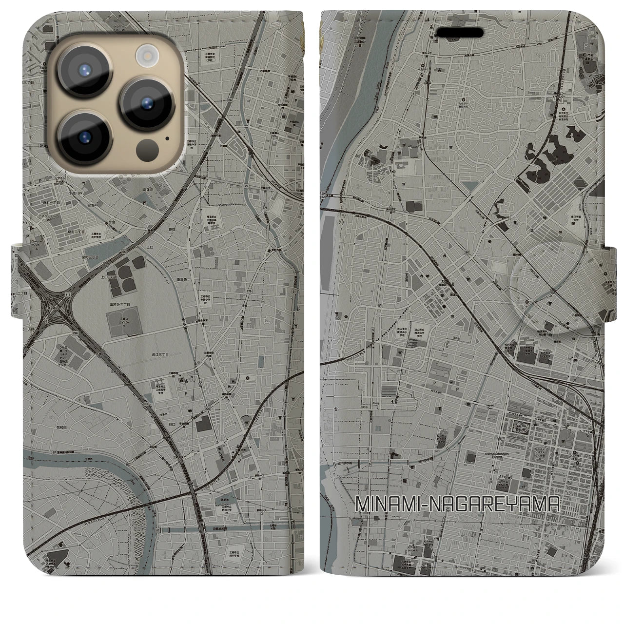 【南流山】地図柄iPhoneケース（手帳両面タイプ・モノトーン）iPhone 14 Pro Max 用