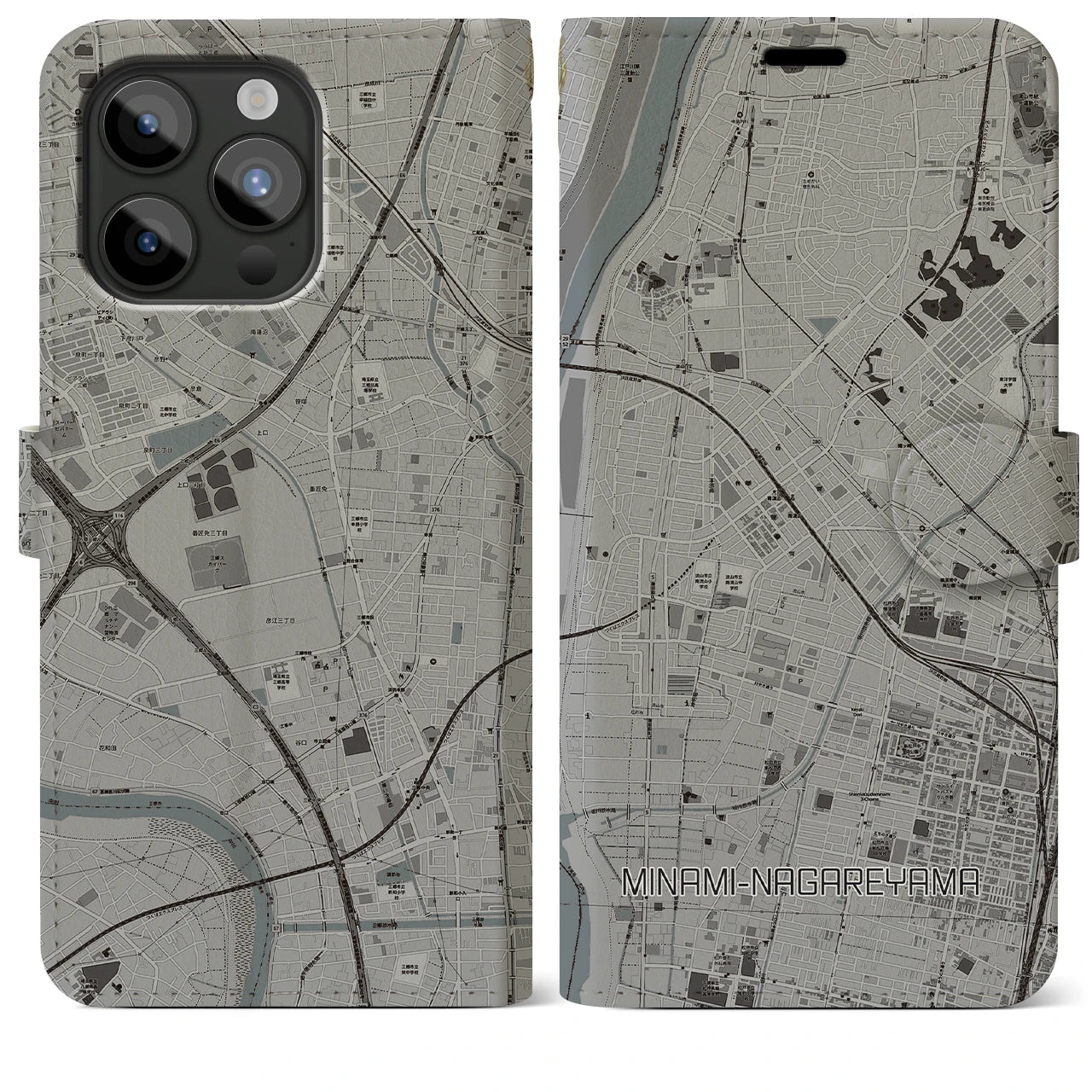 【南流山】地図柄iPhoneケース（手帳両面タイプ・モノトーン）iPhone 15 Pro Max 用