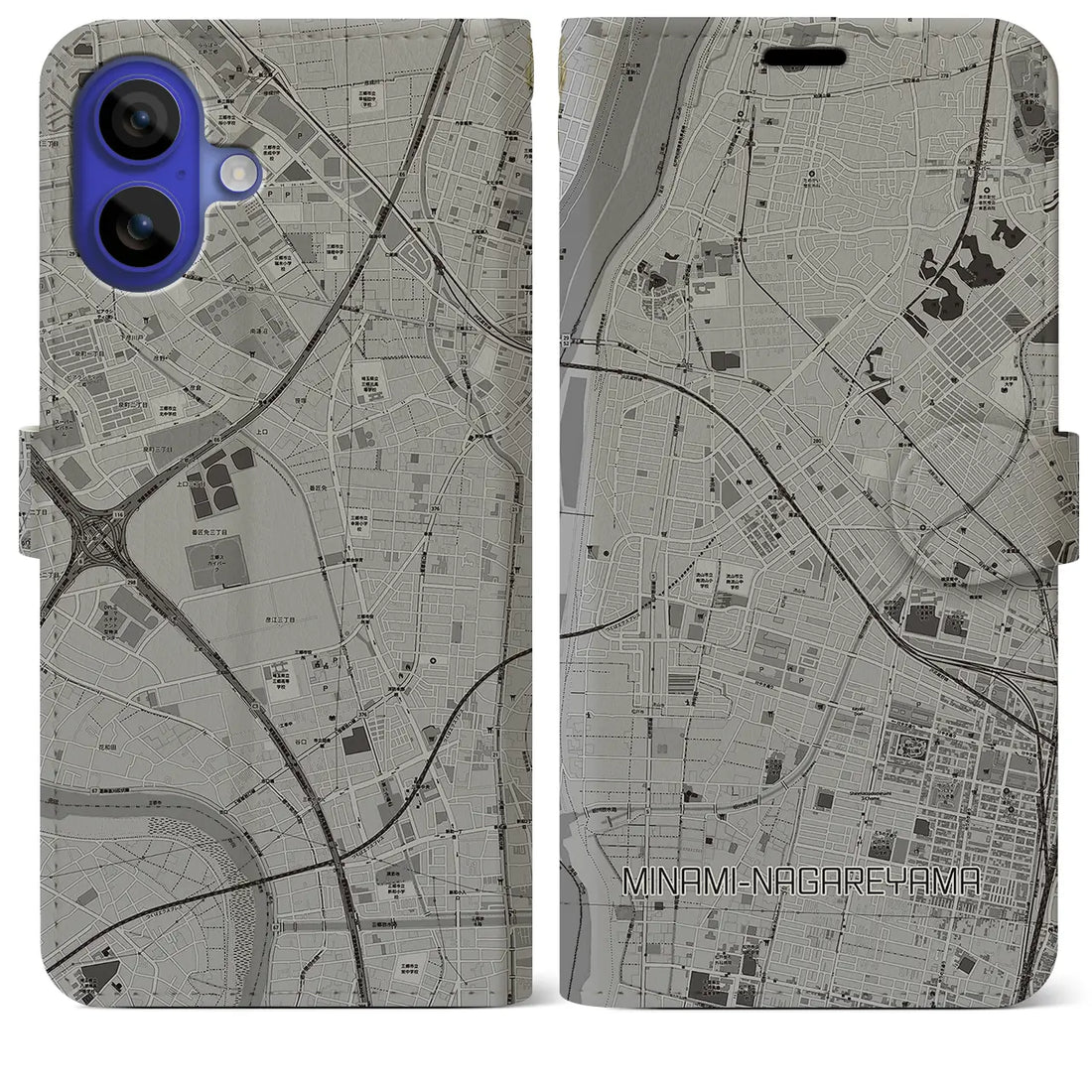 【南流山(千葉県)】地図柄iPhoneケース(手帳タイプ)モノトーン・iPhone 16 Pro Max 用