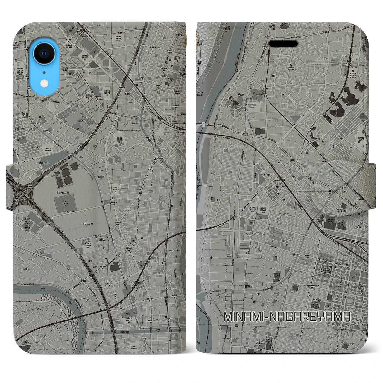 【南流山（千葉県）】地図柄iPhoneケース（手帳タイプ）モノトーン・iPhone XR 用