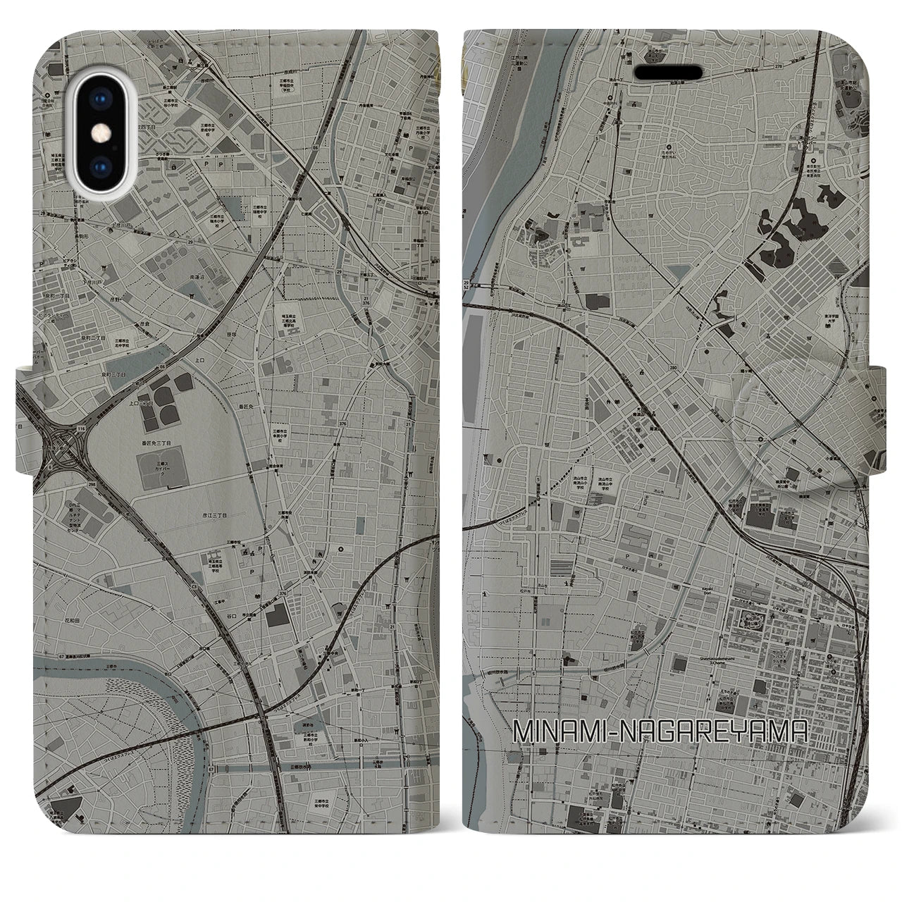 【南流山】地図柄iPhoneケース（手帳両面タイプ・モノトーン）iPhone XS Max 用