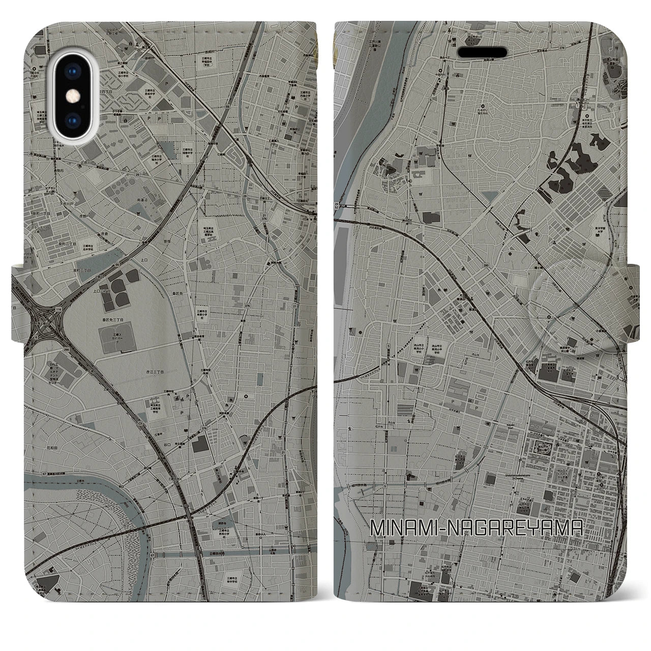 【南流山（千葉県）】地図柄iPhoneケース（手帳タイプ）モノトーン・iPhone XS Max 用