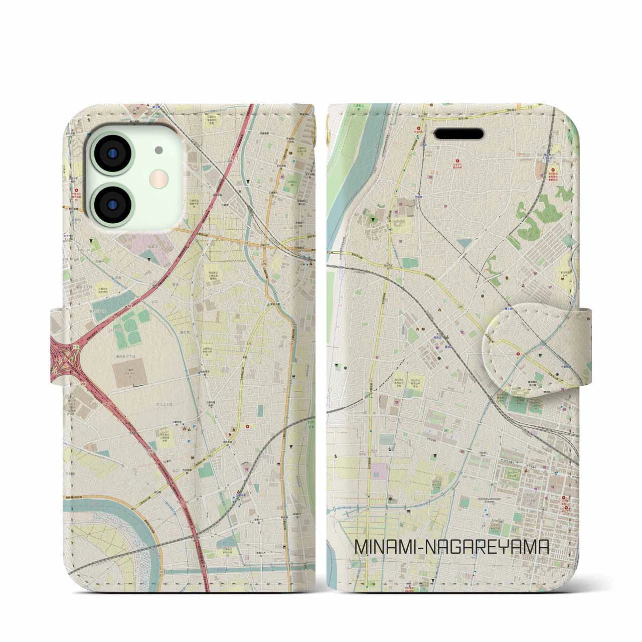 【南流山（千葉県）】地図柄iPhoneケース（手帳タイプ）ナチュラル・iPhone 12 mini 用