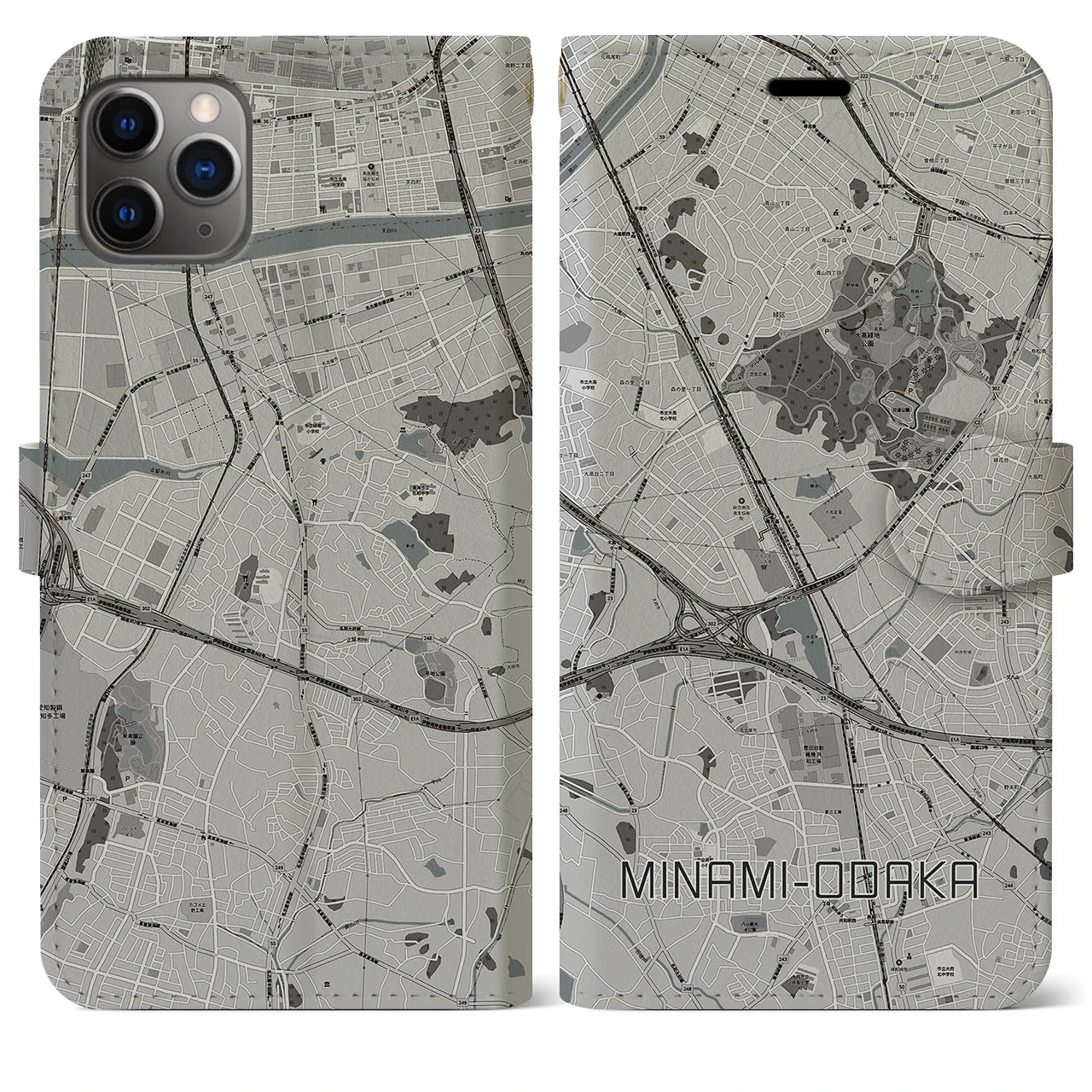 【南大高】地図柄iPhoneケース（手帳両面タイプ・モノトーン）iPhone 11 Pro Max 用
