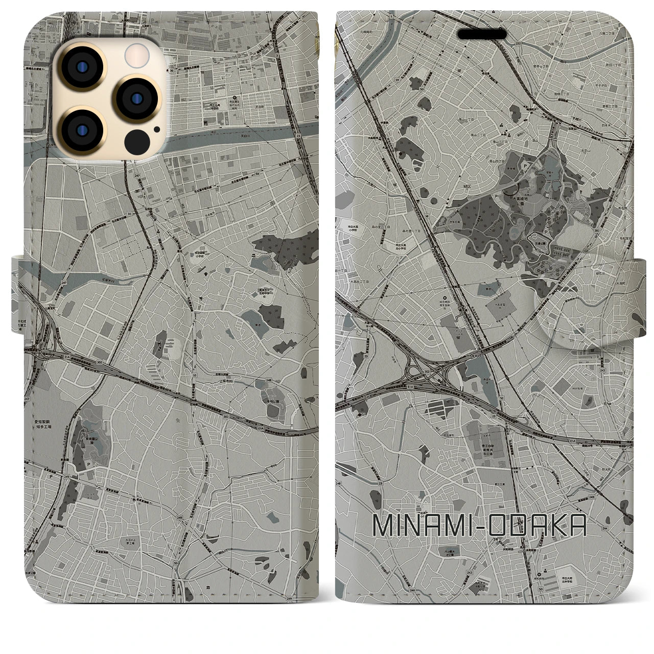 【南大高】地図柄iPhoneケース（手帳両面タイプ・モノトーン）iPhone 12 Pro Max 用