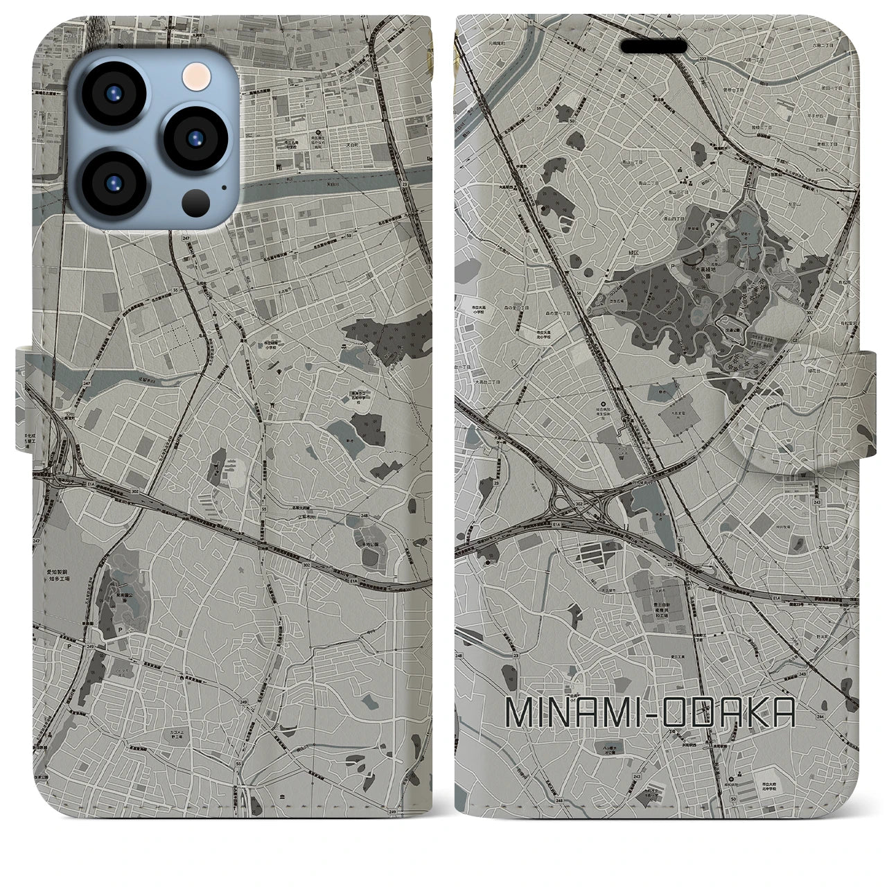 【南大高】地図柄iPhoneケース（手帳両面タイプ・モノトーン）iPhone 13 Pro Max 用