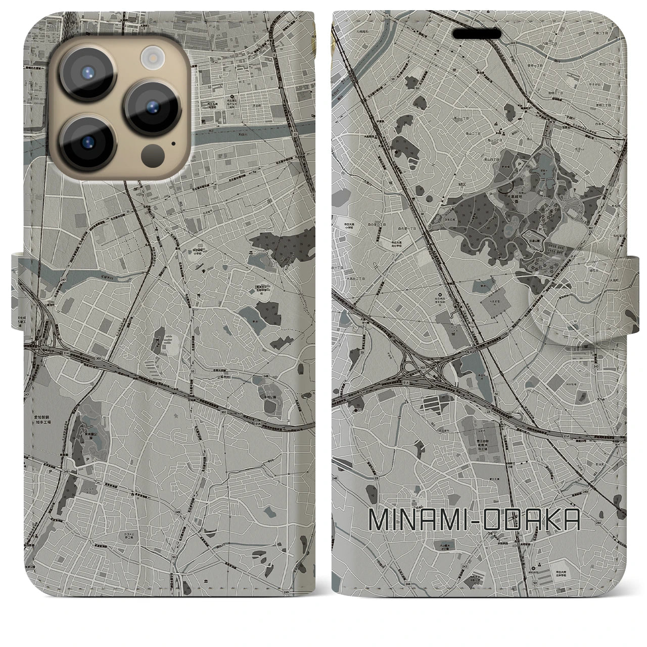【南大高】地図柄iPhoneケース（手帳両面タイプ・モノトーン）iPhone 14 Pro Max 用