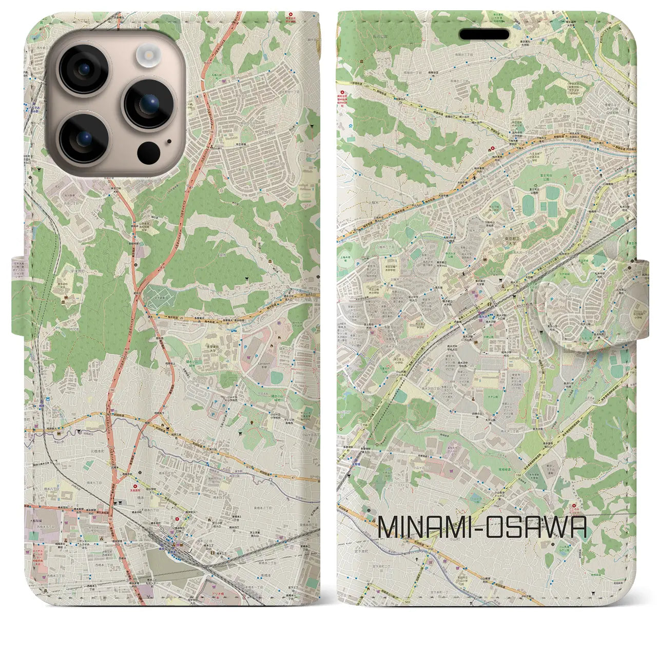 【南大沢（東京都）】地図柄iPhoneケース（手帳タイプ）ナチュラル・iPhone 16 Plus 用