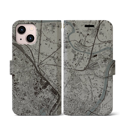 【南千住（東京都）】地図柄iPhoneケース（手帳タイプ）モノトーン・iPhone 13 mini 用