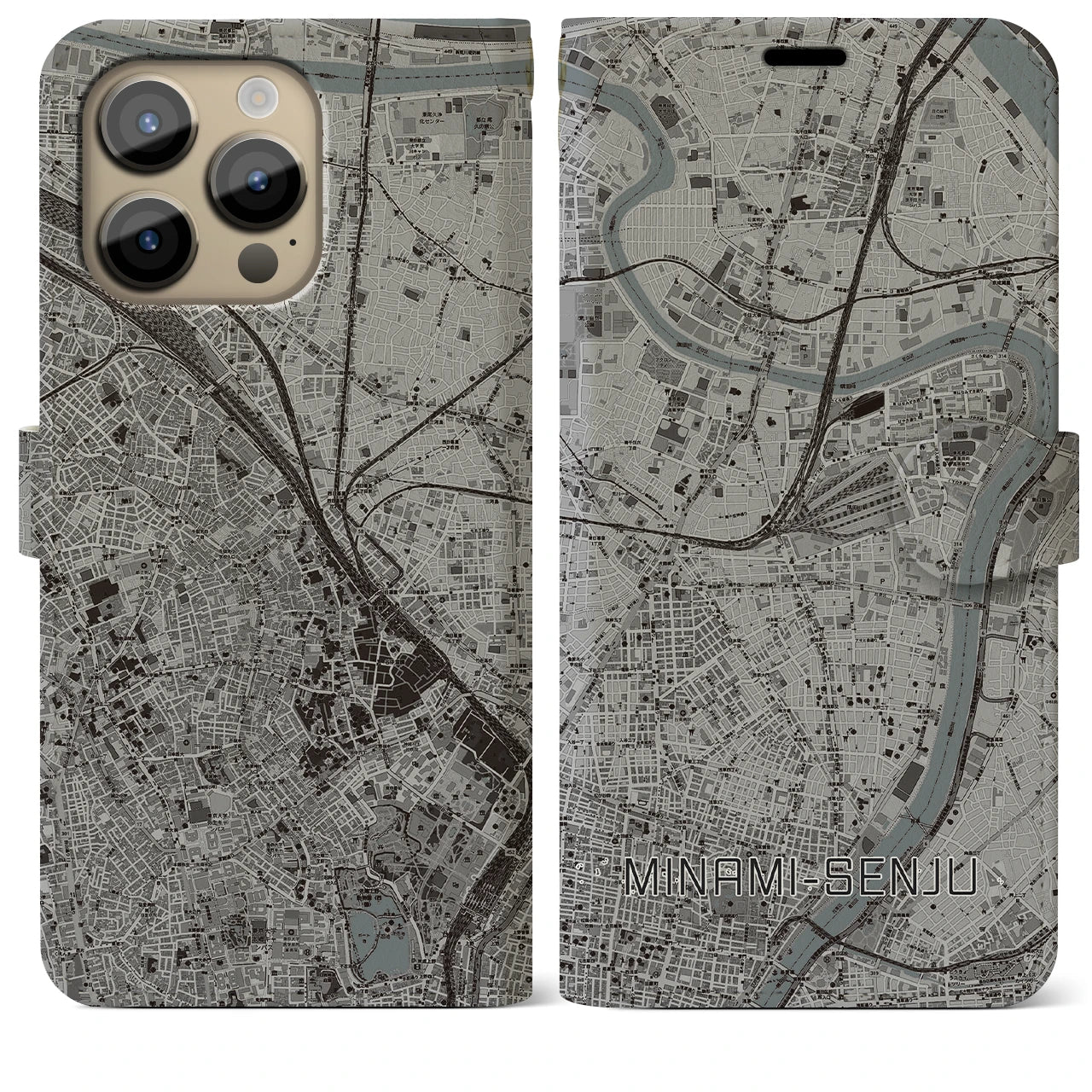 【南千住】地図柄iPhoneケース（手帳両面タイプ・モノトーン）iPhone 14 Pro Max 用