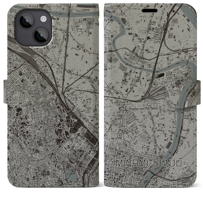 【南千住（東京都）】地図柄iPhoneケース（手帳タイプ）モノトーン・iPhone 14 Plus 用
