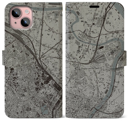 【南千住（東京都）】地図柄iPhoneケース（手帳タイプ）モノトーン・iPhone 15 Plus 用