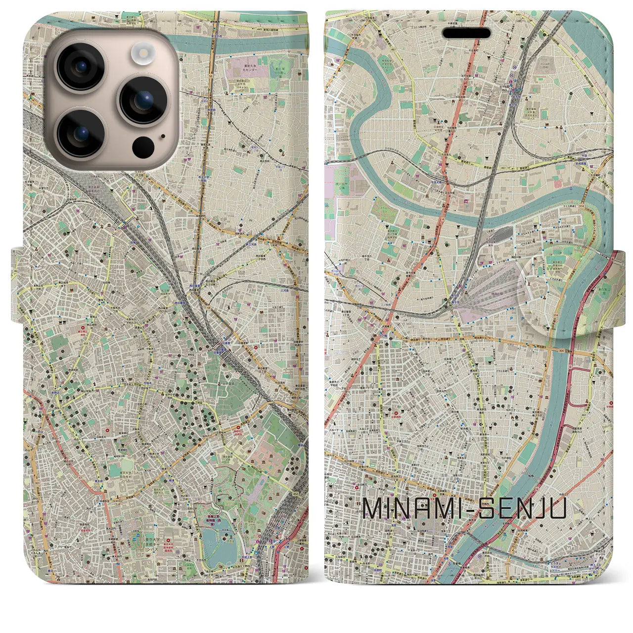 【南千住（東京都）】地図柄iPhoneケース（手帳タイプ）ナチュラル・iPhone 16 Plus 用