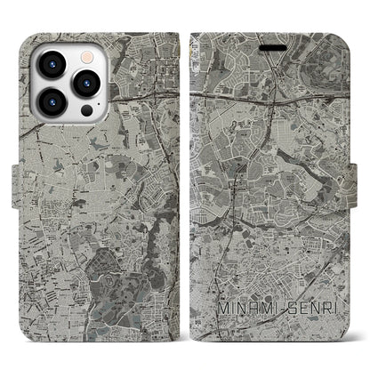 【南千里（大阪府）】地図柄iPhoneケース（手帳タイプ）モノトーン・iPhone 13 Pro 用