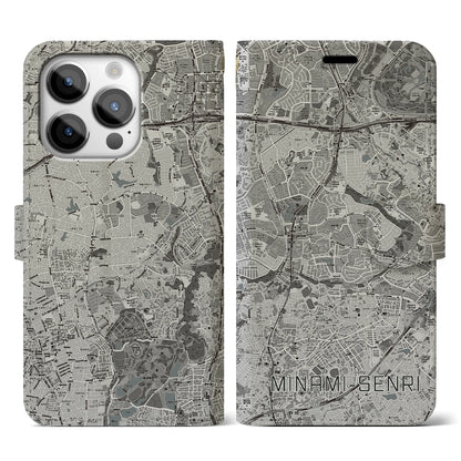 【南千里（大阪府）】地図柄iPhoneケース（手帳タイプ）モノトーン・iPhone 14 Pro 用