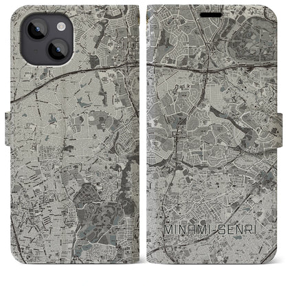 【南千里（大阪府）】地図柄iPhoneケース（手帳タイプ）モノトーン・iPhone 14 Plus 用