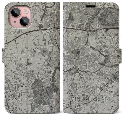 【南千里（大阪府）】地図柄iPhoneケース（手帳タイプ）モノトーン・iPhone 15 Plus 用